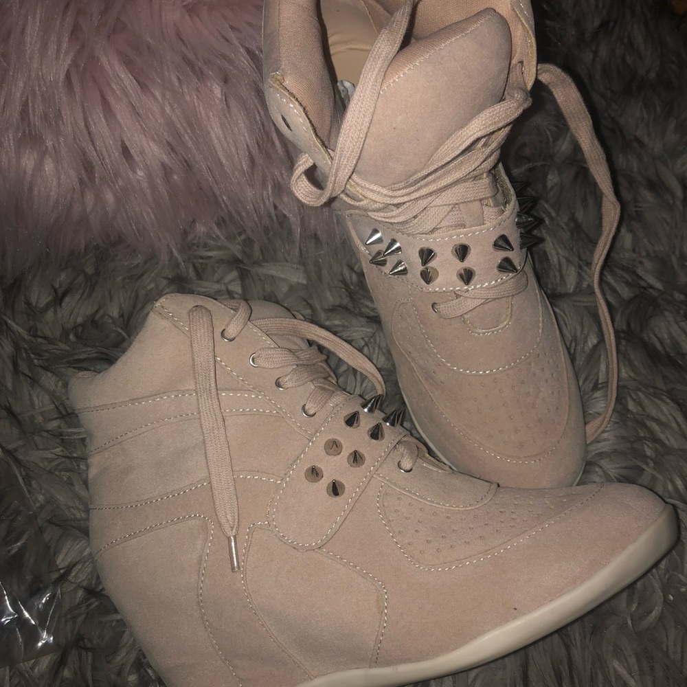 Beige/nude spike studded sneaker wedges (in box)